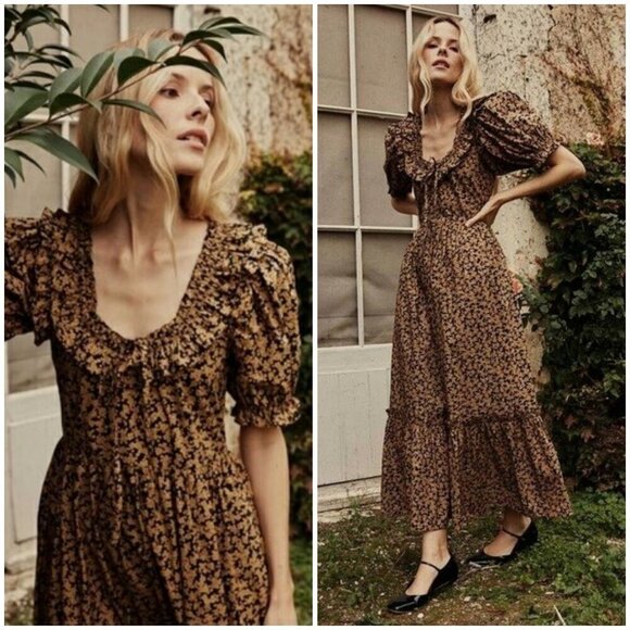 💕DOEN💕 Bellerose Dress Dusk Winter Meadow Dark Floral Print 100% Cotton Small - Picture 1 of 16